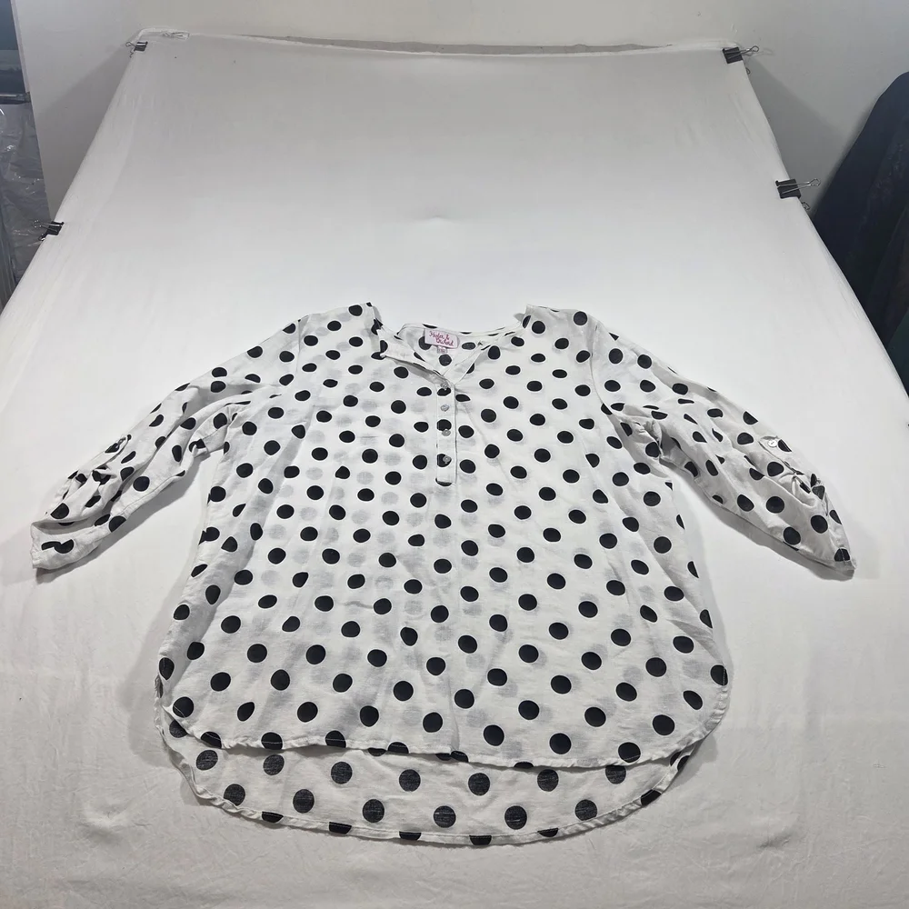 Hester & Orchard Polka Dot 3/4 Sleeve V-Neck Women's Top - White/Black - Picture 11 of 11